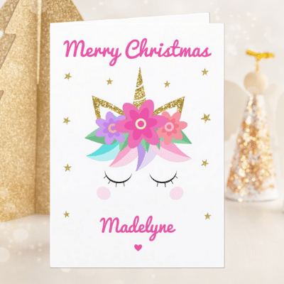 Personalized unicorn greeting card with cute unicorn face, pink flowers and glitter.