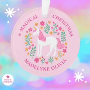 Personalized unicorn ornament with whimical unicorn, pink and orange flowers on a pink background.