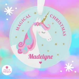 Unicorn Christmas ornament with a cute rainbow unicorn, flowers and gold glitter stars on an aqua background.