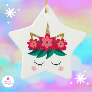 Personalized unicorn Christmas ornament in a star shape with red flowers and berries.