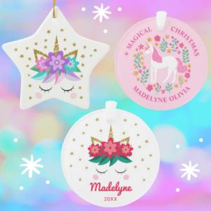 Personalized unicorn Christmas ornaments in round and star shapes with glitter, stars and flowers.