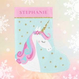 Cute unicorn Christmas stocking with rainbow unicorn and glitter on an aqua background.