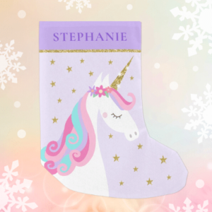 Cute unicorn Christmas stocking with rainbow unicorn and glitter on a purple background.