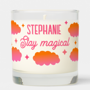 Dopamine decor candle with pink clouds, personalized name and inspirational quote.