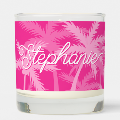 Dopamine decor candle with pink palm trees, personalized name and inspirational quote.