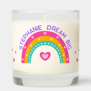 Dopamine decor candle with rainbow, personalized name and inspirational quote.