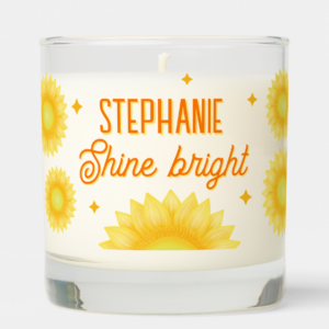 Sunflower candle with personalized monogrammed name and inspirational quote.