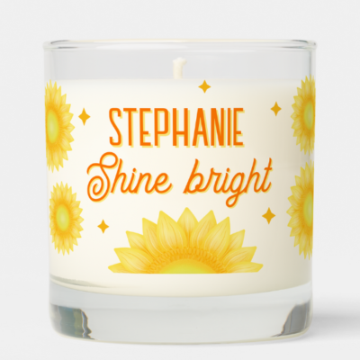 Sunflower candle with personalized monogrammed name and inspirational quote.