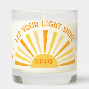 Dopamine decor candle with sunshine, personalized name and inspirational quote.