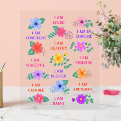 Positive affirmation gift acrylic wall art with customizable I am affirmations and vibrant floral design.
