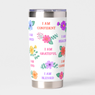 Positive affirmation gift insulated tumbler with customizable I am affirmations and vibrant floral design.
