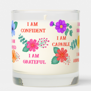 Positive affirmation gift candle with customizable I am affirmations and vibrant floral design.