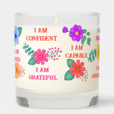 Positive affirmation gift candle with customizable I am affirmations and vibrant floral design.