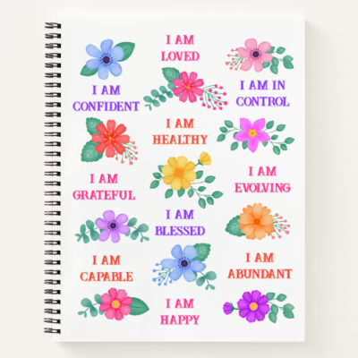 Positive affirmation gift notebook with customizable I am affirmations and vibrant floral design.